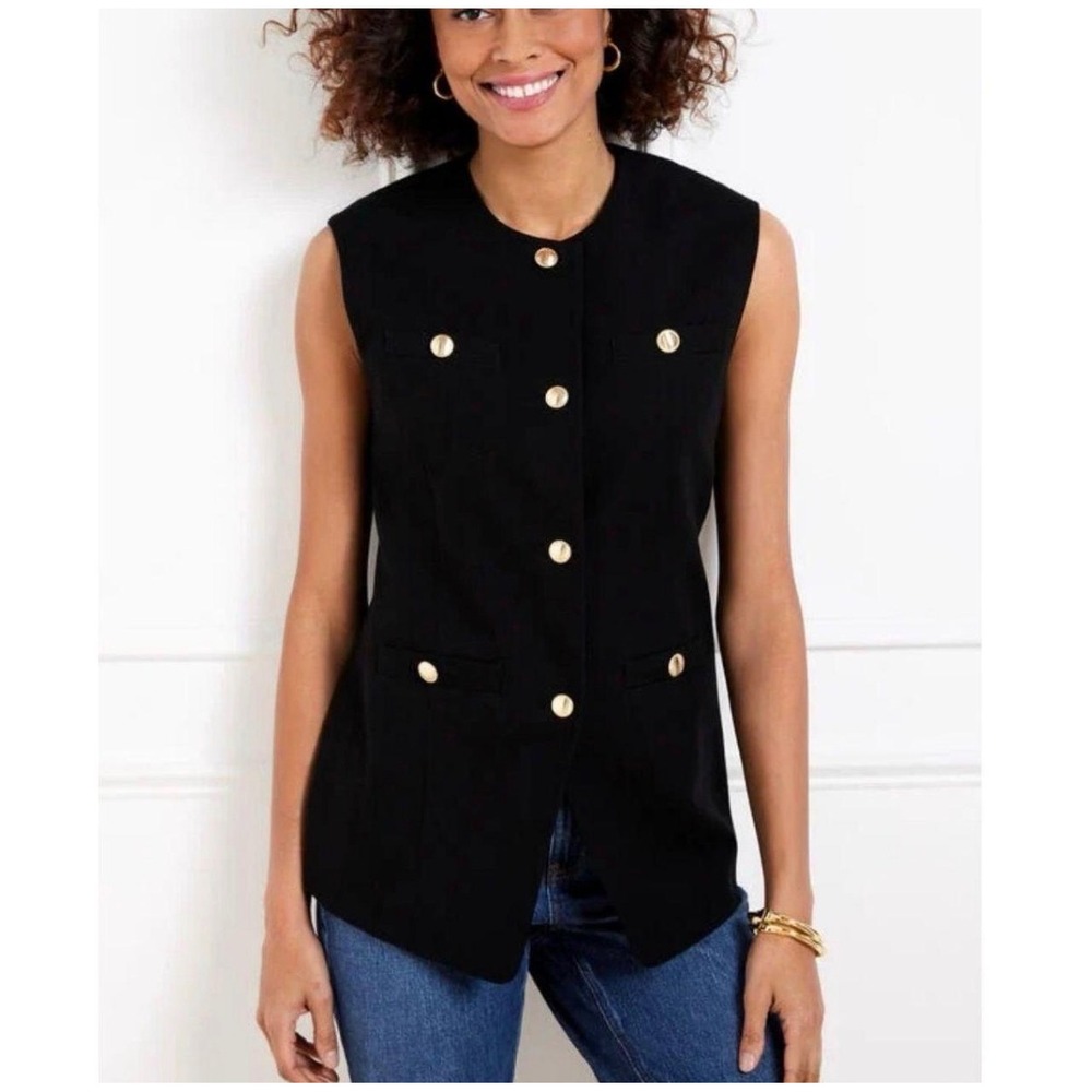 Talbots Womens Black Textured Cotton Gold Button Military Style Vest Size 12